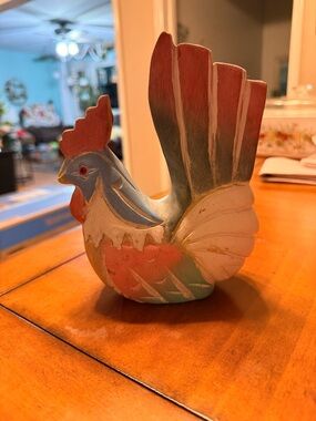 Hand-Painted Rooster Sculpture in Blue, Pink & Cream